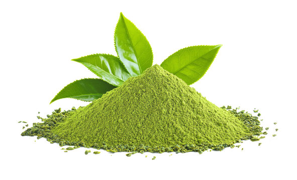 Instant matcha green tea with leaf on transparent png