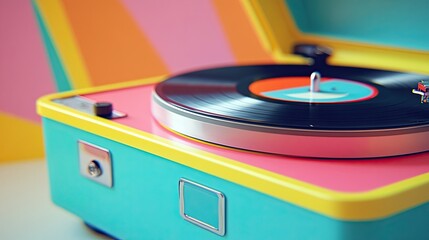 Colorful 80s Style Vinyl Record Player: Depicts a retro 1980s style vinyl record player with vibrant colors, capturing the nostalgic and lively essence of the era.