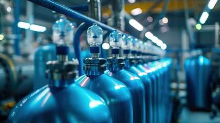 Fototapeta premium Blue Oxygen Tanks for Industry: Compressed Gas in an Oxygen Cylinder – Liquefied Oxygen Production in a Factory Environment