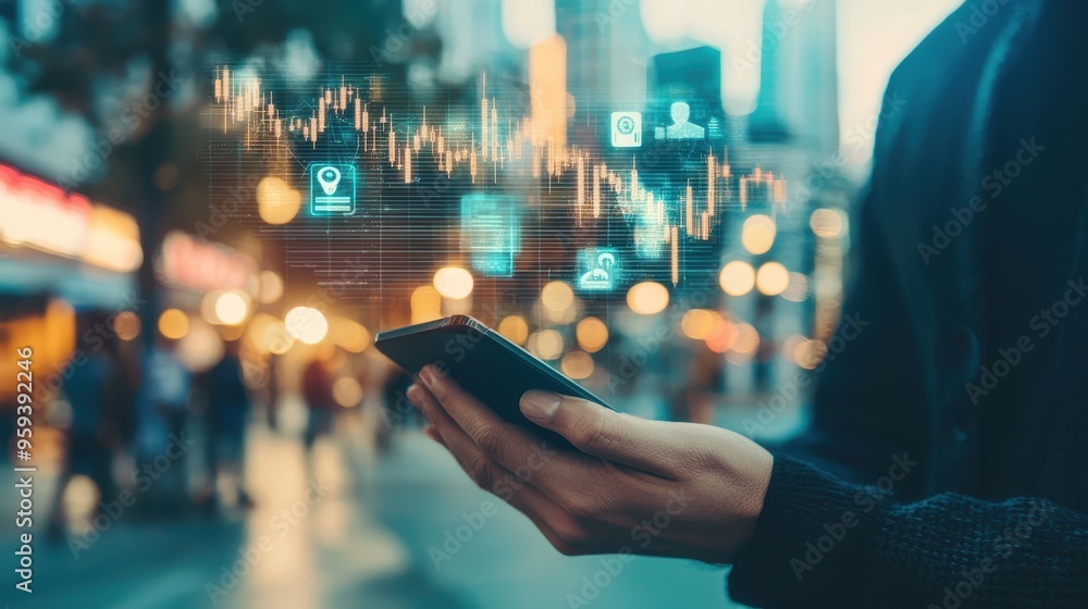Poster person using smartphone with digital interface and city lights in background