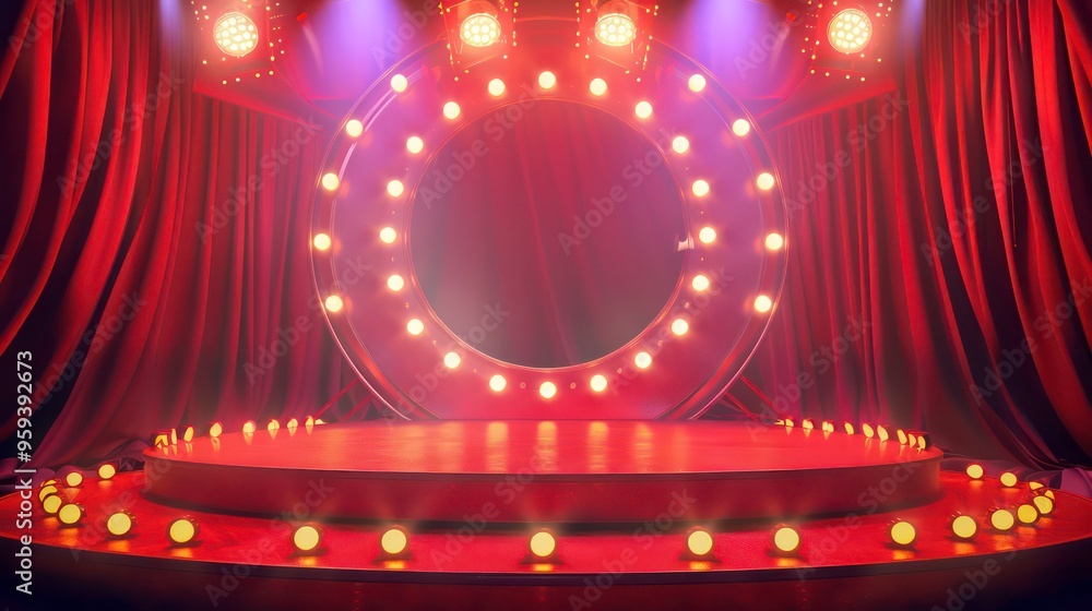 Poster a stage with a large circular frame of lights, red curtains and a wooden platform with more lights.