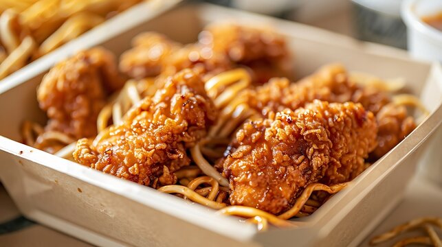 Delicious take out order of crispy breaded chicken with chow mein noodles in a styro foam box