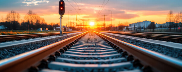 Railroad tracks stretching into the distance at sunset with a red signal light, creating a vibrant, peaceful scene.
