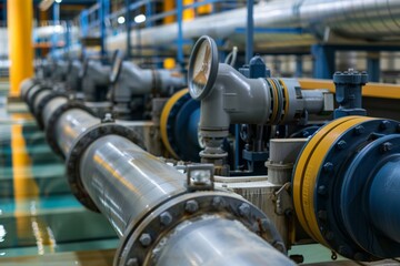 Obraz premium Industrial water pumps and pipes operating at a water treatment plant during daytime inspection process
