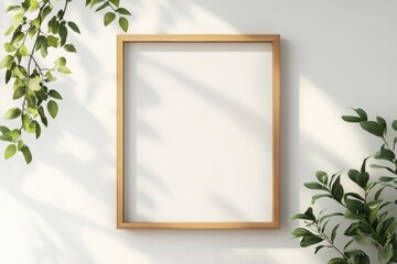 Elegant interior mockup showcasing a wooden framed poster on a minimalist white wall, adorned with greenery for a serene atmosphere
