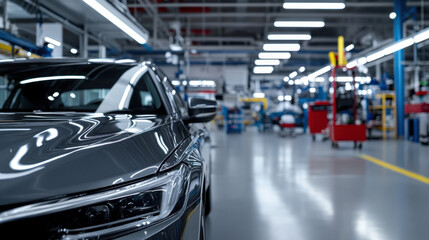 Fototapeta premium Close-up of a sleek car in a well-lit automotive manufacturing facility with an industrial assembly line in the background.