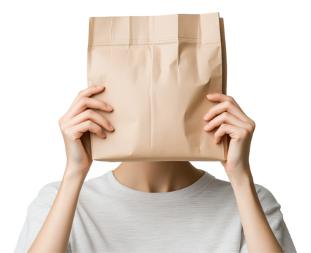 Person hiding behind a brown paper bag indoors, showcasing a playful and lighthearted moment isolated on transparent background.