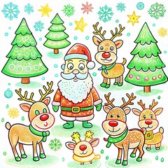 Obraz premium Hand-drawn illustration of Santa with reindeer and Christmas trees in a festive scene