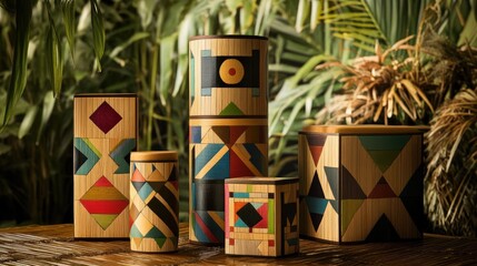 Bamboo appliances adorned with colorful geometric patterns, captured in a realistic setting, emphasizing their artisanal beauty