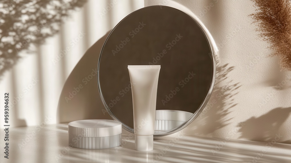 Aufkleber a tube of cream stands in front of a round mirror, highlighting its minimalist design and the interp