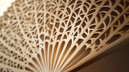 Bamboo fan featuring a detailed geometric pattern, displayed against a realistic background, capturing the essence of traditional craft