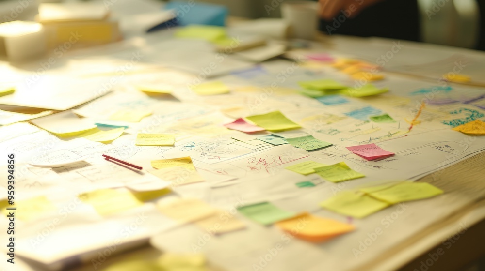 Poster brainstorming session with sticky notes and sketches