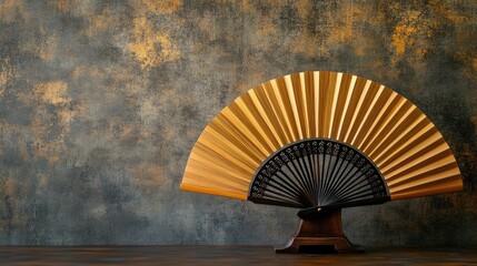 Bamboo fan with an elegant geometric design, set against a realistic background, showcasing the beauty of artisanal work