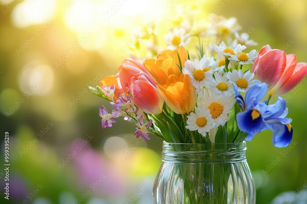 Canvas Prints Colorful tulips, irises, and daisies fill a glass jar, enhanced by warm sunlight pouring in from the side, creating a cheerful atmosphere. Generative AI