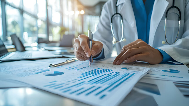 Doctor Analyzing Healthcare Data Charts and Graphs