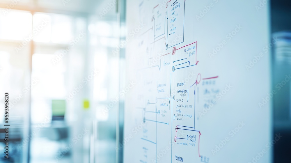 Aufkleber whiteboard brainstorming session with handwritten flowchart and notes
