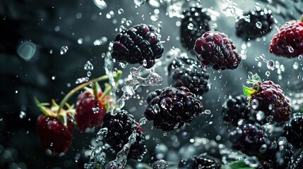 A bunch of ripe blackberries with water droplets