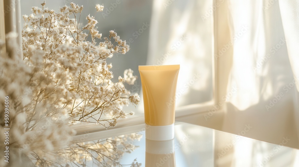 Aufkleber a cream tube stands prominently on a reflective surface, showcasing a soft glow in a serene environm