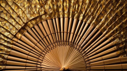 Beautiful geometric pattern intricately woven into a bamboo fan, set against a realistic background, showcasing traditional craftsmanship