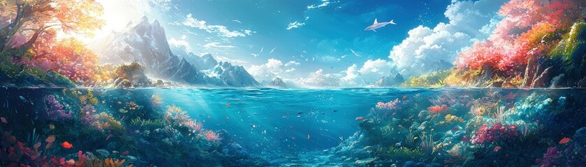 Underwater World with Mountain Landscape and Coral Reef