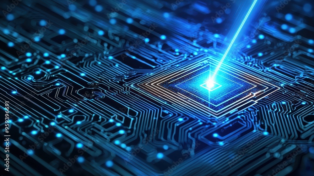 Poster blue circuit board with glowing lines and cpu chip