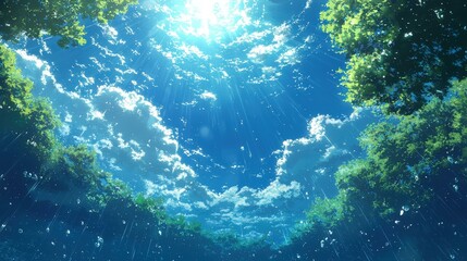 Obraz premium Blue Sky with Clouds, Sunrays and Green Trees