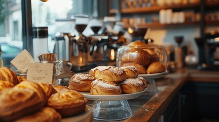 A coffee shop counter with pastries and baked goods on display