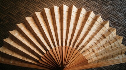 Elegant geometric pattern in a handcrafted bamboo fan, displayed against a realistic background, emphasizing natural craftsmanship