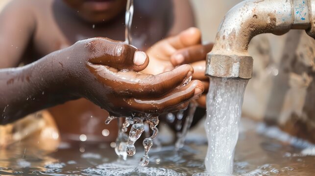 Close up of a child's hands cupped under running water from a rusty faucet.