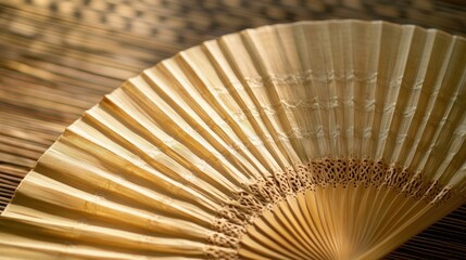 Geometric pattern intricately woven into a bamboo fan, with a realistic background that emphasizes the beauty of traditional craft
