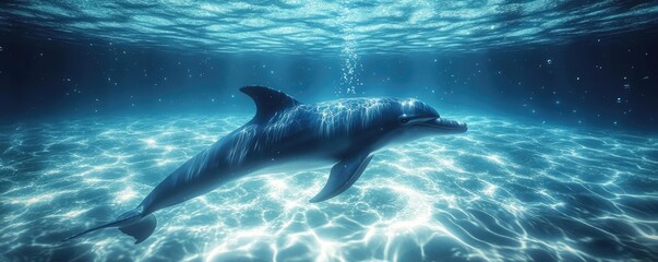 Obraz premium A long shot of a graceful dolphin communicating with a submerged screen in crystal clear waters