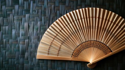 Geometric pattern intricately woven into a bamboo fan, with a realistic background that emphasizes the beauty of traditional craft