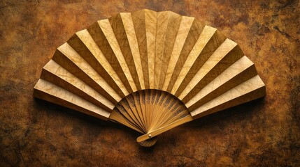 Intricate geometric design in a handcrafted bamboo fan, displayed against a realistic background of warm, natural tones