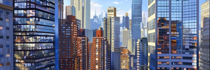 Modern Skyscrapers Amidst Dynamic Urban Landscape Close-up of contemporary buildings in a bustling city showcasing diverse architectural styles and elegant designs.