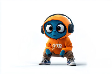 Fototapeta premium Cute blue character wearing orange hoodie and headphones squatting in playful pose 
