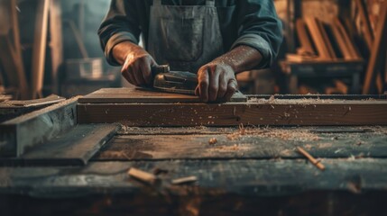 Carpenter Working on Wood with Power Planer