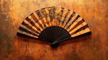 Intricately designed bamboo fan featuring a geometric pattern, displayed against a realistic background of warm, earthy tones