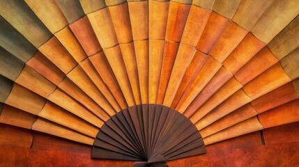 Fototapeta premium Intricately designed bamboo fan featuring a geometric pattern, displayed against a realistic background of warm, earthy tones