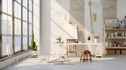 Creative Art Studio with Neatly Arranged Paints and Brushes and Cityscape View