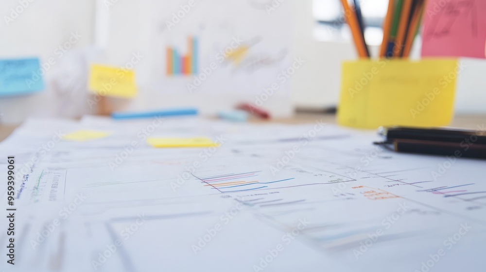 Poster close up of a graph with colored pens and sticky notes on a desk