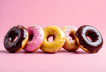 Assorted colorful donuts on a pink background, including a pink donut with sprinkles, a yellow donut, and a glazed donut