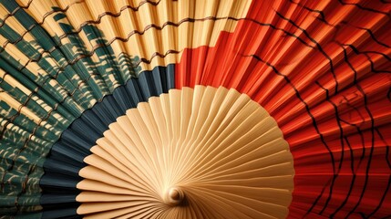 Stunning bamboo fan with a geometric design, set against a realistic background, showcasing the beauty of traditional art