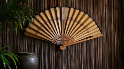 Traditional bamboo fan with a striking geometric pattern, displayed against a realistic backdrop that showcases natural materials