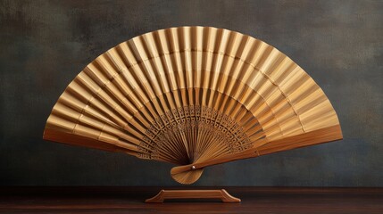 Traditional bamboo fan with a stunning geometric design, set against a realistic backdrop that highlights natural materials