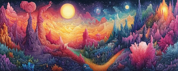 A panoramic view of a vibrant surrealist landscape