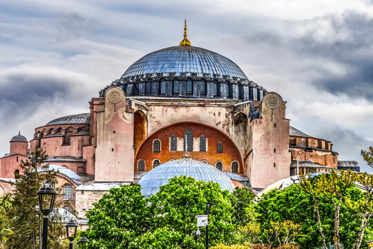 Hagia Sophia, Istanbul, Turkey. Emperor Justinian built cathedral of Constantinople in 537 AD. In 1453 Ottoman Turks converted to mosque.