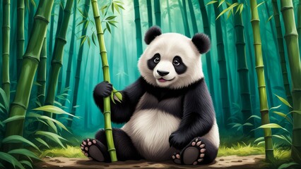 Obraz premium A cute panda bear sits in a bamboo forest, holding a stalk of bamboo.
