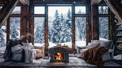 Rustic Chalet with Wooden Beams, Large Windows, and Snow-Covered Forest