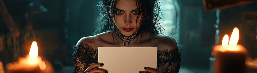 Mysterious Woman Holding Blank Paper - Candlelight Portrait