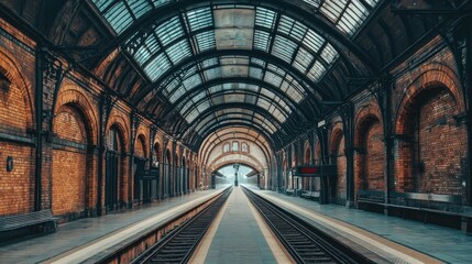 A vintage train station with brick walls and arched ceilings